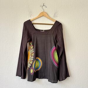 DESIGUAL Blouse Chocolate Brown Geometric Flared Sleeve Lightweight